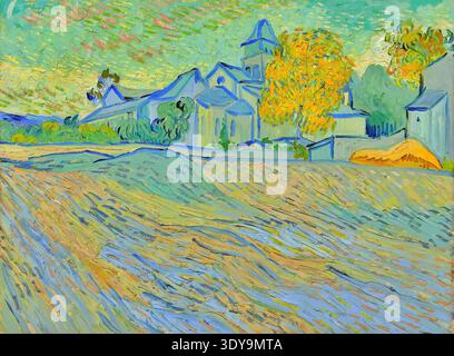 Vincent van Gogh – vue de l’église Saint-Paul-de-Mausole (1889) – paysage post-impressionniste, cadre d’église rurale, ciel expressif, ambiance Saint-Rémy | Collection ArchiVerse – Archives des Beaux-Arts post-impressionnistes Banque D'Images