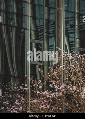Une photographie en gros plan montrant un détail architectural frappant d'un bâtiment moderne contre une façade à motifs en noir et blanc, soulignant son geom Banque D'Images