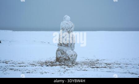 Bonhomme de neige solitaire debout dans un paysage hivernal tranquille Banque D'Images