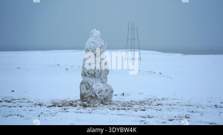 Bonhomme de neige solitaire debout dans un paysage hivernal tranquille Banque D'Images