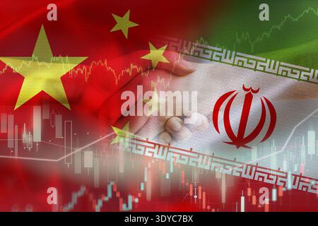 Concept de la relation entre la Chine et l'Iran. Drapeaux iraniens et chinois avec texture murale Banque D'Images