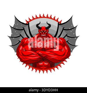 Puissant diable rouge musclé avec des ailes noires. Fort personnage de mascotte pour le fitness, la salle de sport, les jeux et les concepts d'horreur. Vecteur plat. Illustration de Vecteur