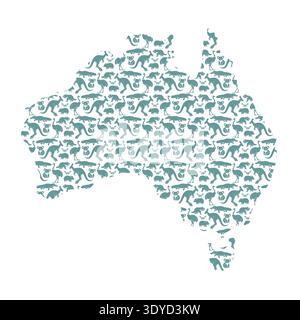 Carte de l'Australie créée à partir de nombreuses icônes de petits animaux verts. Concept de protection de l'environnement, biodiversité et tourisme de la faune. Vecteur plat isola Illustration de Vecteur