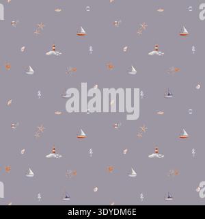 Aquarelle Seamless Pattern avec Undersea Stars et phare et voilier sur fond isolé. Fond nautique avec Childish Sea Horse pour Banque D'Images
