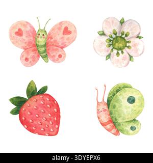 Deux adorables papillons, une fraise et une fleur. Un doux ensemble d'été de quatre éléments. Collection dans un style de dessin animé pour enfants. Aquarelle illustrati Banque D'Images