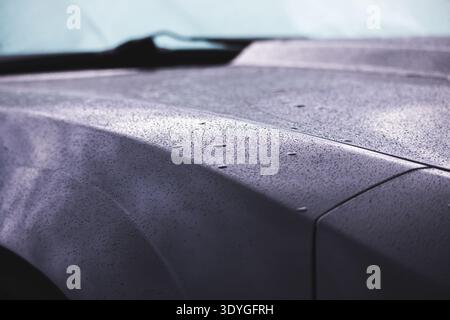 Les gouttes de rosée s'accrochent à un capot de voiture sombre et élégant. Une lumière douce met en valeur la surface réfléchissante de chaque perle. La finition métallique brille subtilement sous les gouttelettes. FR Banque D'Images