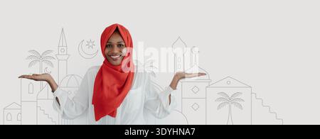 Femme souriante dans une tenue traditionnelle tenant ses mains vers le haut dans un cadre de collage coloré Banque D'Images