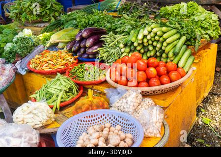 Assortiment de légumes et fruits frais au marché alimentaire traditionnel de Phu Quoc, Vietnam. Tomates, melons amers, concombres, haricots longs, papaye Banque D'Images