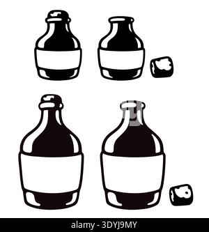 Ensemble de dessin de bouteille de style rétro noir et blanc, avec liège et ouvert. Flacon de potion, flacon de médicament, boisson rétro alcoolisée. Illustration clipart isolée Illustration de Vecteur