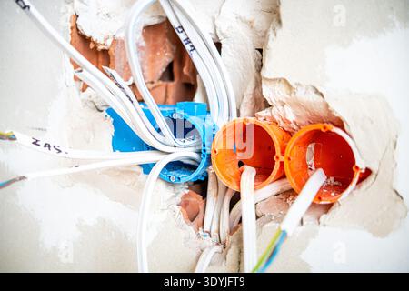 Gros plan du câblage électrique avec des câbles blancs alimentant les boîtes de jonction en plastique bleu et orange encastrées dans des cloisons sèches endommagées. Banque D'Images