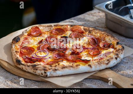 Pizza épicée chaude prête à manger avec sauce tomate, mozzarella, oignon rouge et viande de salami sur une planche de bois Banque D'Images