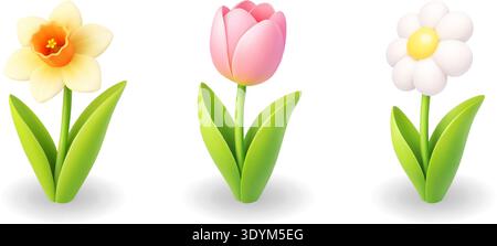Jonquille, tulipe et fleurs de Marguerite. Ensemble d'illustration vectorielle Spring 3D isolé sur fond blanc Illustration de Vecteur