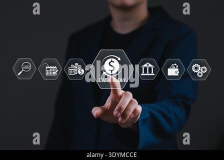 Concept commercial de gestion des flux de trésorerie et de planification financière. Personne contrôlant les opérations financières avec des icônes pour la comptabilité, la banque, la budgétisation, Banque D'Images