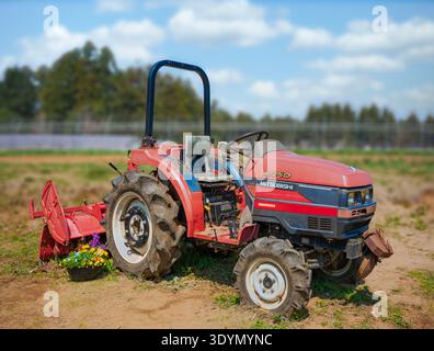 chiba, katori - mars 26 2025 : un tracteur Mitsubishi MT240 rouge japonais garé dans un champ agricole à LA station AGRICOLE, avec un accessoire de timon rotatif et un Banque D'Images