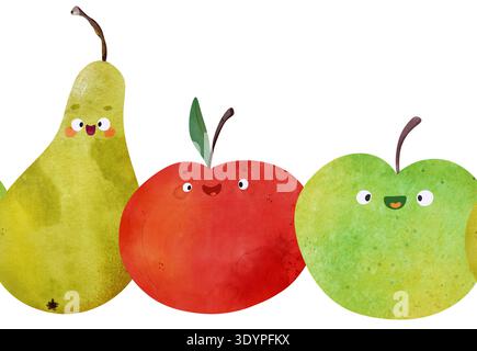 Modèle sans couture avec des fruits du jardin : poire heureuse, pomme juteuse rouge et verte. Textures aquarelles lumineuses, visages ludiques. Parfait pour baby shower, été Banque D'Images