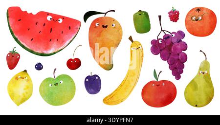 Kawaii fruit clipart set Happy faces : pastèque, mangue, banane, raisins, poire, citron, pomme, prune, fraise, myrtille, cerise, framboise, orange Banque D'Images