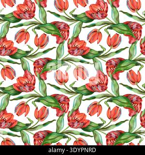 Motif aquarelle sans couture peint à la main avec des rangées de tulipes rouges et de feuilles vertes. Cet élégant design botanique avec des textures douces est idéal pour Banque D'Images