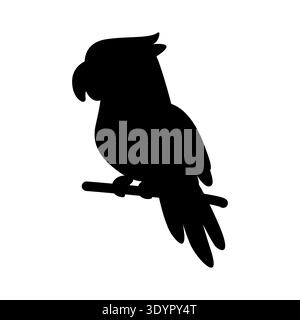 Silhouette stylisée de perroquet sur une illustration vectorielle de branche. Forme d'oiseau tropical pour décor d'été exotique marque et concepts de voyage. Icône noire isola Illustration de Vecteur