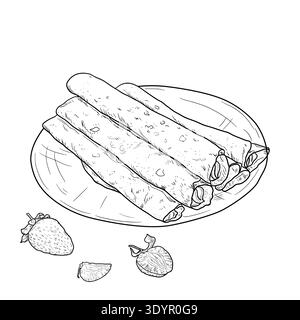 Crêpes roulées en rouleau sur une assiette, croquis dessiné à la main. Illustration vectorielle. Pâtisseries sucrées à la farine pour Maslenitsa et baies, isolées sur un b blanc Illustration de Vecteur