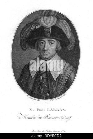 Gravure de Paul Barras, membre du Directoire, figure éminente de la Révolution française, réalisée de la fin du XVIIIe au début du XIXe siècle. Banque D'Images