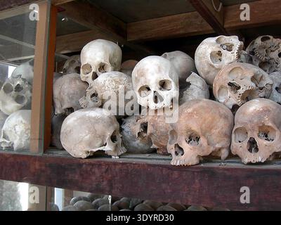 Photographie de crânes de victimes khmers rouges dans le génocide cambodgien. On estime que 1,671 à 1,871 millions de Cambodgiens sont morts à cause de la politique des Khmers rouges, soit entre 21 et 24 % de la population cambodgienne de 1975. L'image représente une collection de crânes empilés sur des étagères, faisant partie d'un site commémoratif, reflétant un sombre souvenir des événements tragiques du génocide. Banque D'Images
