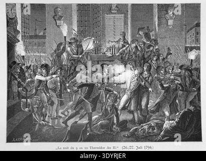 Gravure de l'arrestation de Maximilien Robespierre le 9 Thermidor an II (27 juillet 1794), représentant une scène chaotique pendant la Révolution française. Il a été exécuté le 28 juillet 1794. Créé au XIXe siècle. Banque D'Images