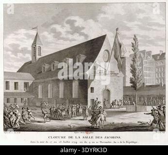 Gravure représentant la fermeture du Club Jacobin à Paris, France, dans la nuit du 27-28 juillet 1794, ou 9-10 Thermidor, an 2 de la République, marquant la période entre l'éviction de Maximilien Robespierre et l'inauguration de l'Annuaire français le 2 novembre 1795. Créé par Pierre-Gabriel Berthault d'après un dessin de Jean-Louis Prieur, vers 1794. Banque D'Images