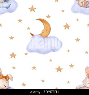 Motif sans couture avec un lapin endormi sur un nuage, croissant de lune et étoiles dans le style aquarelle. Une illustration charmante et rêveuse pour les enfants Banque D'Images