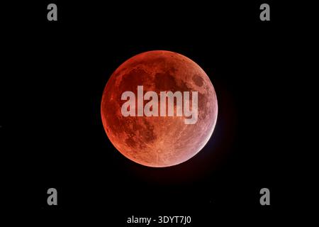 C'est l'éclipse totale de la Lune du 3 mars 2026, capturée pendant la phase partielle juste 2 minutes avant le début de la totalité d'une heure. U2 = le début de la totalité. Juste un mince ruban de lumière normale du soleil reste sur le membre sud-est de la Lune mais la majeure partie du disque lunaire est dans l'ombre de l'ombre. La limite de l'umbra au bord de la partie ensoleillée semble un bleu-rose plus pâle. C'était de la maison dans le sud de l'Alberta à environ 4 h 02 heure normale du matin. Le champ est de 1,3º par 0,9º. Il s'agit du numéro 6 sur 6 dans une série prise à environ 5 minutes d'intervalle alors que la Lune entrait dans l'ombre ombrale. Technique : ce i Banque D'Images