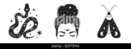 Ensemble d'illustration céleste mettant en vedette une femme avec chignon désordonné, papillon de nuit et serpent mystique. Boho, sorcière, symboles magiques pour la conception de tatouage, estampes, affiches, branding, autocollants et décor spirituel. Illustration de Vecteur