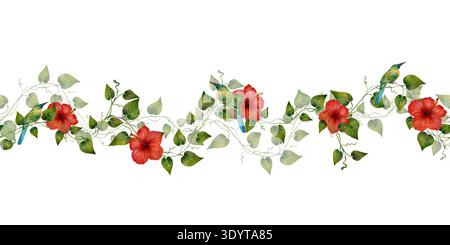 Bordure florale sans couture avec des fleurs d'hibiscus rouges et des feuilles vertes sur des branches minces. Conception de répétition botanique tropicale pour tissu, textile, papier peint, papier d'emballage, emballage, bannière et décor. Banque D'Images