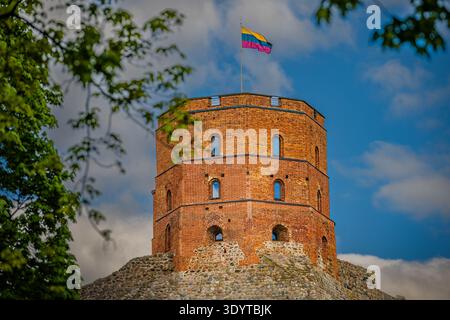 La tour historique de Gediminas en brique rouge arborant le drapeau lituanien sur une colline sous un ciel bleu nuageux à Vilnius, Lituanie. Banque D'Images