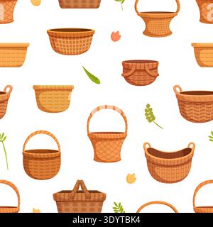 Panier en osier sans couture. Paniers de style rural, accessoires élégants pour le shopping, pique-nique. Impression décorative pour tissu, fond vectoriel Illustration de Vecteur