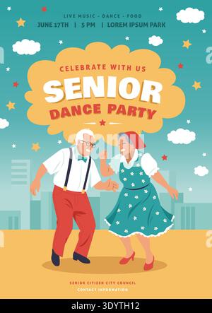 Invitation à une soirée dansante pour aînés. Club de musique pour les personnes âgées, passe-temps drôle de grands-parents et activité, retraités heureux, affiche d'annonce de festival Illustration de Vecteur