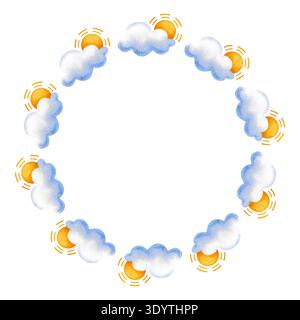 Cadre rond avec nuages et soleil. Illustration d'aquarelle dessinée à la main. Banque D'Images