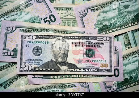 Billet de 50 dollars des États-Unis, avec l'ancien président Ulysses S Grant sur le front Banque D'Images