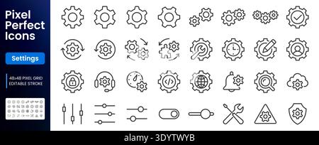 Paramètres et icône de ligne d'engrenage définis. Roue dentée, moteur, maintenance, réparation, contrôle de processus illustrations vectorielles minimales. Signes de contour simples pour Illustration de Vecteur