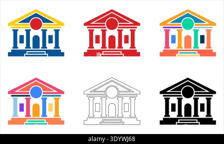 Une collection de six icônes de bâtiments classiques représentant une banque ou un palais de justice. Les variations incluent des couleurs vibrantes, une silhouette noire unie. Illustration de Vecteur