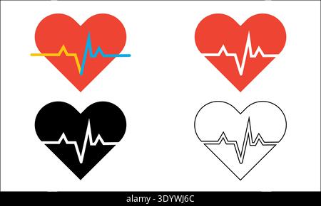 Une collection de quatre icônes de coeur avec une ligne d'impulsion d'électrocardiogramme. Cet ensemble comprend des versions rouges, noires et surlignées, parfaites pour le médical Illustration de Vecteur