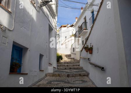 Les visiteurs se promènent dans les rues étroites et blanchies à la chaux de Frigiliana, en Espagne. Des marches en pierre mènent vers le haut, bordées de petites plantes et de portes bleues. Le soleil brille Banque D'Images