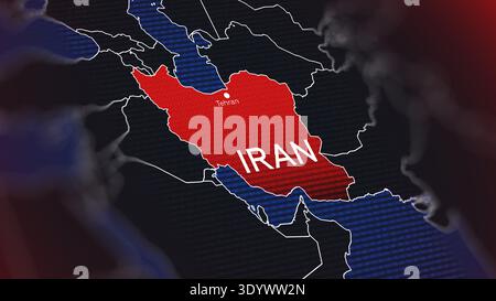 Conflit entre l'Iran et les États-Unis illustré sur une carte montrant les emplacements géographiques au moyen-Orient Banque D'Images