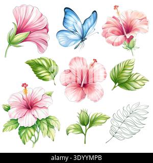 Ensemble aquarelle hibiscus fleur tropicale, clipart d'été avec papillons et feuilles de palmier, isolé Banque D'Images