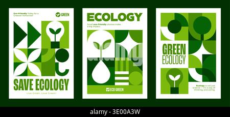 Affiches écologie et environnement avec motif géométrique Bauhaus. Flyer de vecteur d'illustration géométrique de sauvegarde de la nature, bannière d'économie d'environnement. Affiche de protection écologique avec motif de formes vertes Bauhaus Illustration de Vecteur