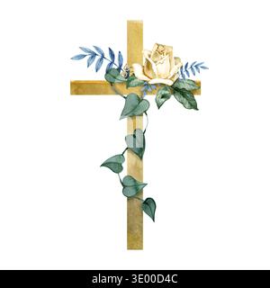 Illustration aquarelle élégante avec une croix chrétienne dorée ornée d'une rose crème et d'un lierre vert sinueux. Cette belle religieuse florale Banque D'Images