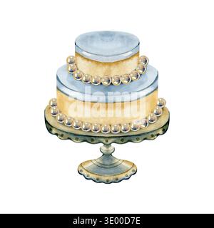Illustration aquarelle élégante d'un gâteau de mariage à deux niveaux sur un stand vintage, décoré de délicates perles comestibles. Un sophistiqué peint à la main Banque D'Images