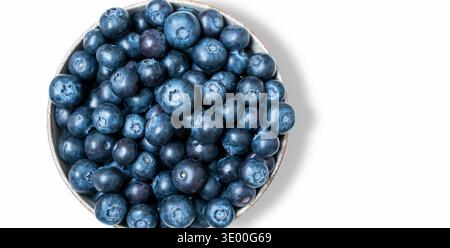 Vue de dessus de bleuets biologiques mûrs dans un bol sur fond blanc. Banque D'Images