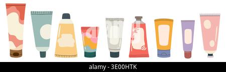 Ensemble de neuf tubes cosmétiques colorés isolés Illustration de Vecteur