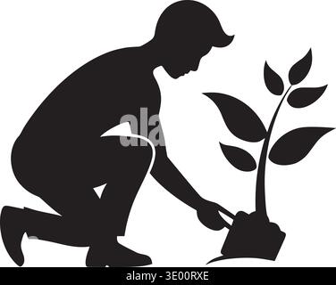 Silhouette vectorielle noire d'une personne creusant avec une pelle pour planter un jeune arbre de jeunes arbres Illustration de Vecteur