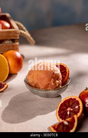 Gros plan d'une boule de sorbet à l'orange sanguine dans un petit bol en céramique, garni d'une tranche d'orange ; entouré de quartiers et d'oranges mûres entières dans un W. Banque D'Images