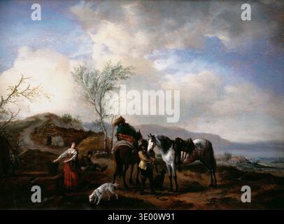 Cette peinture à l'huile du XVIIe siècle de Philips Wouwerman, probablement des années 1650, représente deux cavaliers près d'une fontaine. La scène de genre capture un moment de repos avec les voyageurs et leurs chevaux, interagissant avec une femme puisant de l'eau dans un paysage atmosphérique détaillé. Banque D'Images